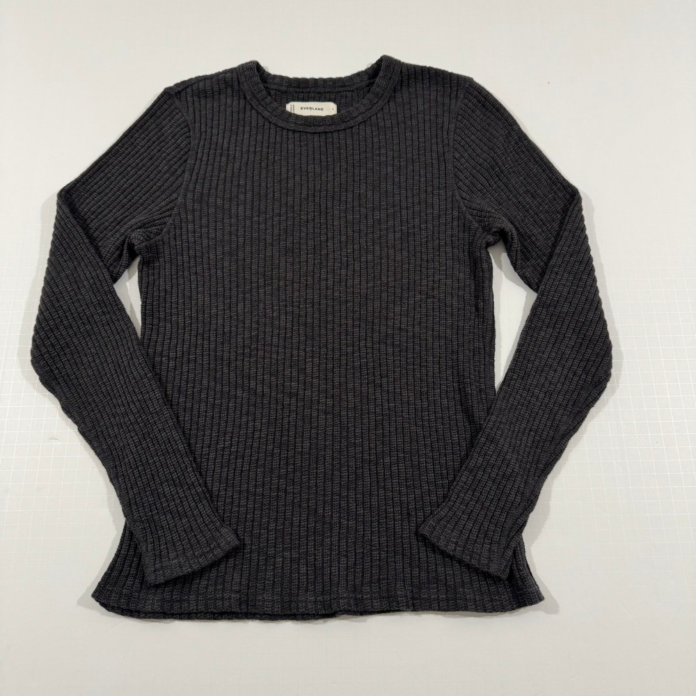 Everlane Ribbed Knit Top Women Large Charcoal Gray Long Sleeve Crew Neck